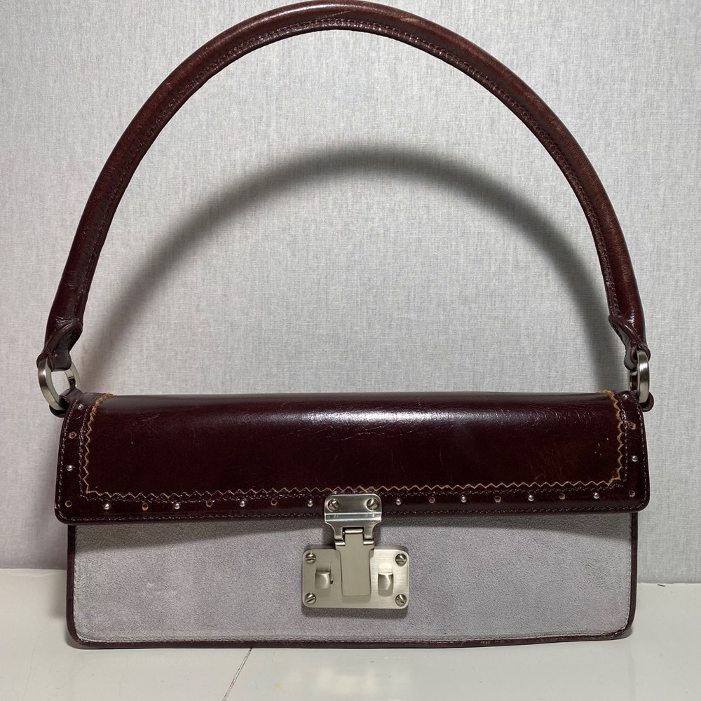Ann Taylor Brown Leather & Gray Suede Shoulder Bag Turn-Lock Closure